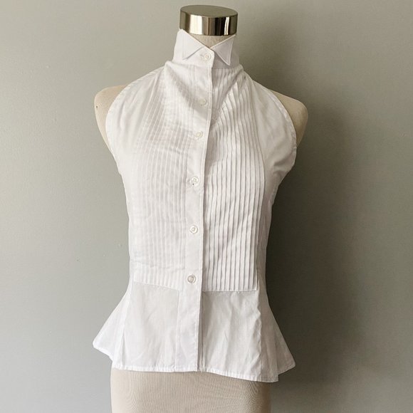 Felini Tops - White Button High Neck Sleeveless Halter Top - XS